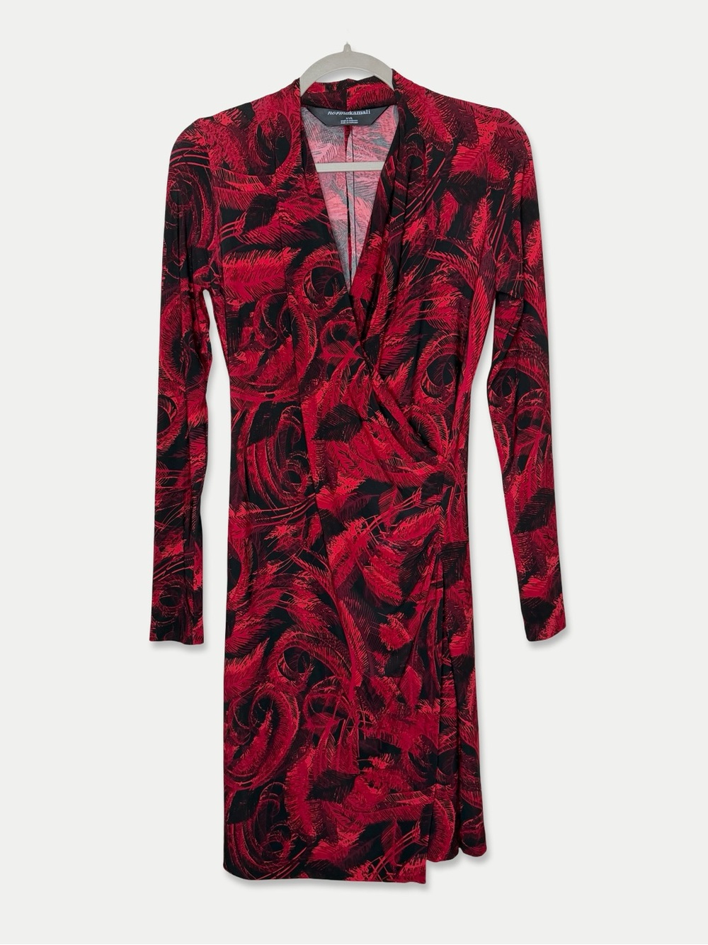 Norma Kamali S Red Black Abstract Print Long Sleeve Wrap Look Midi Dress